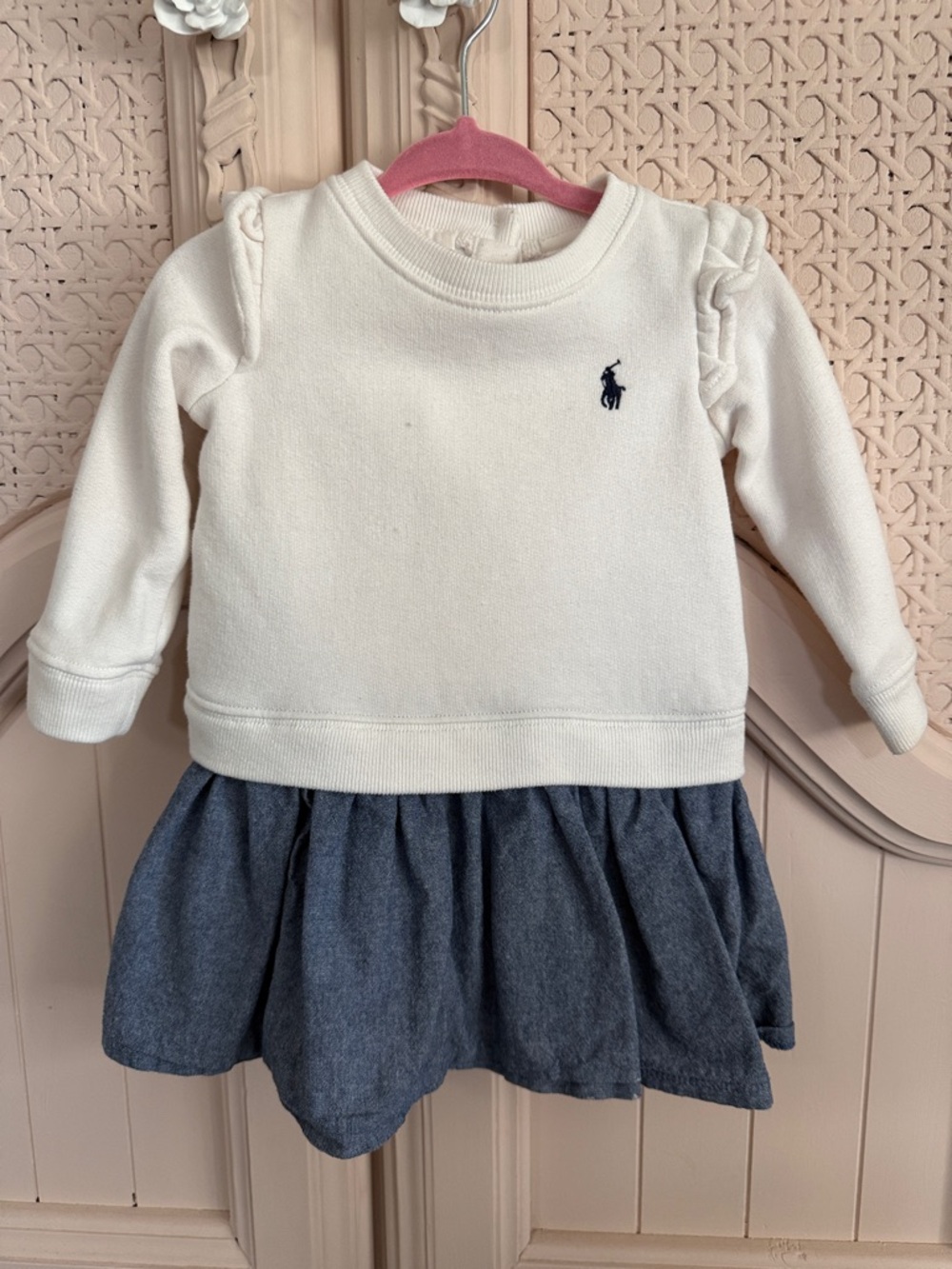 Ralph Lauren White Sweatshirt Dress with Blue Chambray Skirt